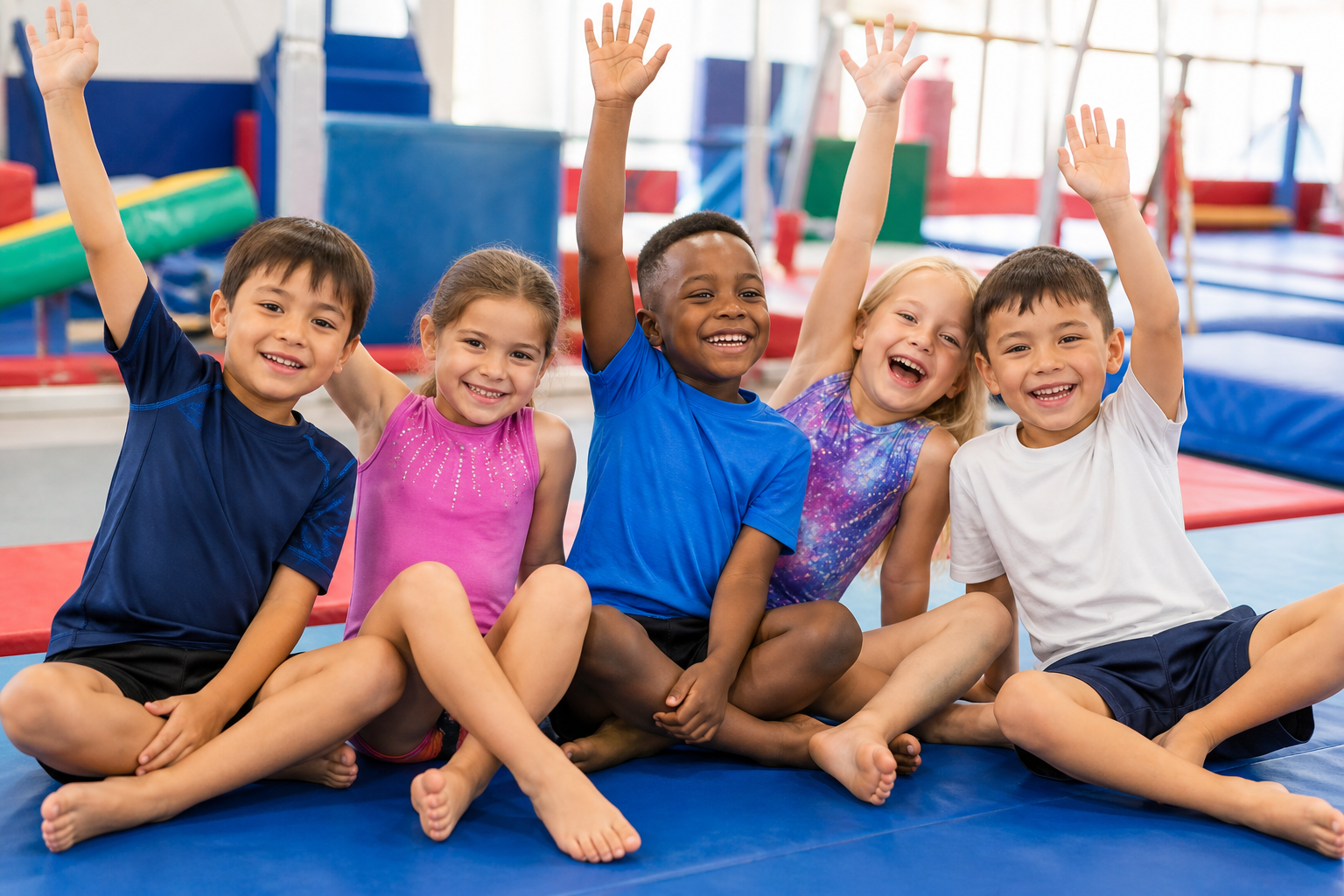 A diverse group of happy children at gymnastics camp
