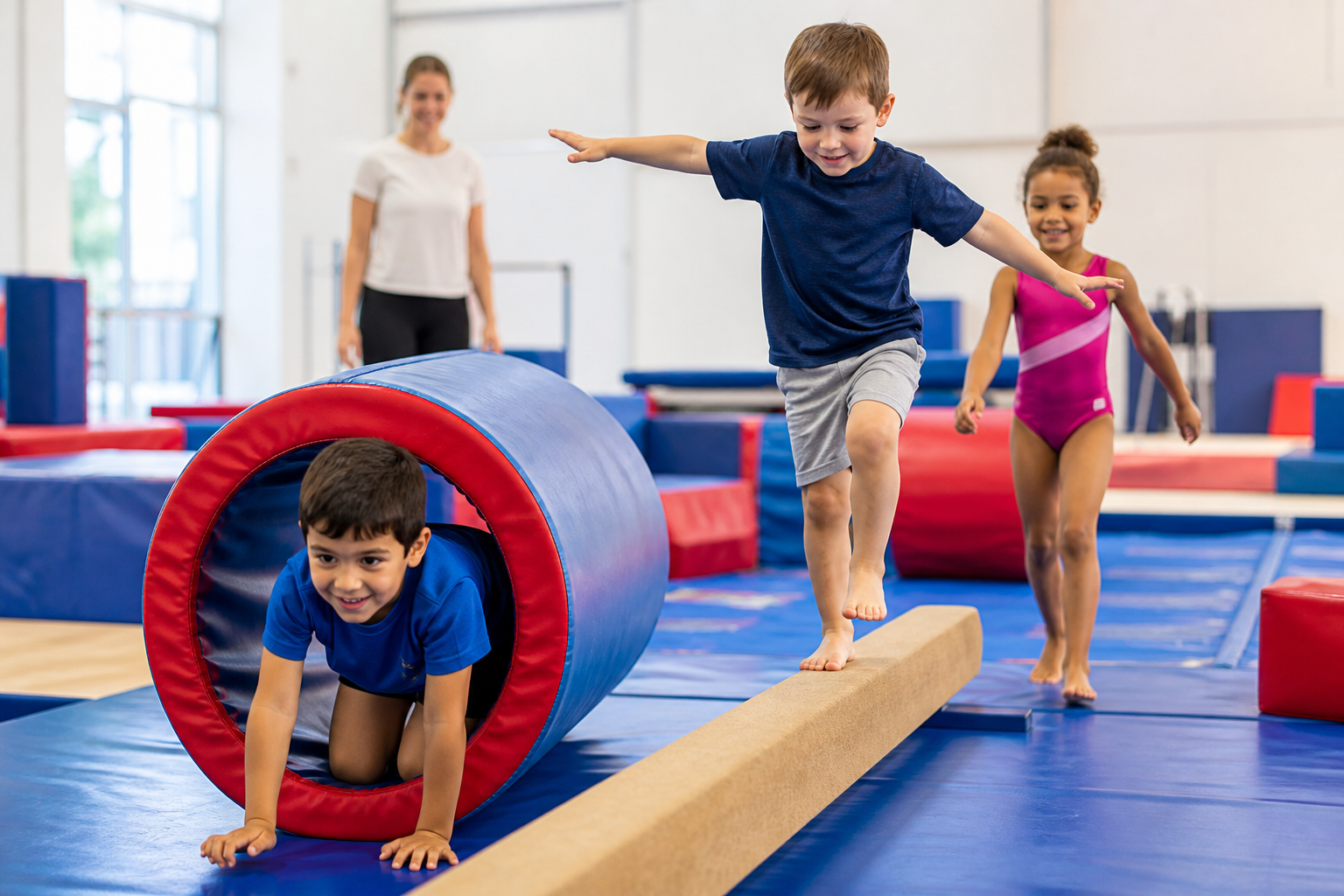 Boys and girls enjoying a beginner gymnastics obstacle course